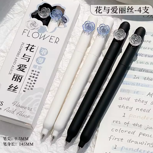 Black gel pen with camellia design (Pack of 4)｜ 4支装山茶花黑色旋转中性笔