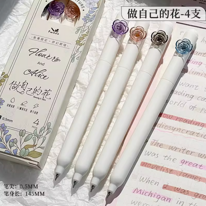 Black gel pen with camellia design (Pack of 4)｜ 4支装山茶花黑色旋转中性笔